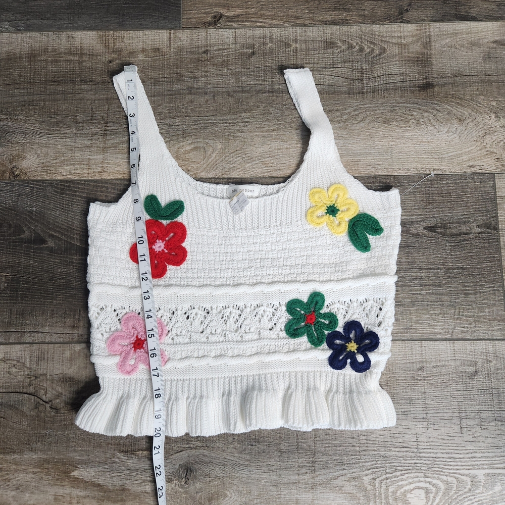 Blu‎ Pepper Citton White Knit Top W Floral Motifs M JRs Boho Cottagecore Retro - Picture 4 of 6